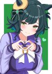  1girl animal_ears blue_hair bow bowtie breasts closed_mouth collarbone four-finger_heart_hands green_background green_eyes green_hair hair_ribbon heart heart_hands highres horse_girl kiseki_(umamusume) long_sleeves makarun_sky multicolored_hair purple_serafuku raised_inner_eyebrows ribbon school_uniform serafuku simple_background skirt smile solo two-tone_background umamusume white_background white_bow white_bowtie 
