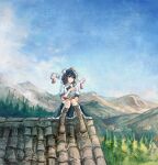 1girl black_hair black_skirt blue_sky boots brown_boots cloud collared_shirt day frilled_skirt frills ge_dazuo hat holding holding_pen knee_boots mountainous_horizon on_roof pen pom_pom_(clothes) red_eyes red_hat shameimaru_aya shirt sitting sitting_on_roof skirt sky smile solo tokin_hat touhou white_shirt 