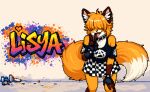 anarchy_symbol anthro big_tail bottomwear bracelet brown_body brown_ears brown_fur canid canine checkered checkered_bottomwear checkered_clothing checkered_skirt clothing collar digital_media_(artwork) dipstick_tail ear_piercing ear_ring english_text eyeless female fingerless_gloves fox fur gesture gloves gloves_(marking) graffiti graffiti_on_wall hair hair_over_eyes hand_gesture handwear hi_res huge_tail inner_ear_fluff jewelry leaning leaning_forward leg_markings looking_at_viewer mammal markings medium_hair milka_(lisyart) off-shoulder_top orange_body orange_fur orange_hair orange_tail paint pattern_bottomwear pattern_clothing pattern_skirt piercing pink_inner_ear pink_tongue pixel_(artwork) ring_piercing skirt smile socks_(marking) solo spiked_bracelet spiked_collar spikes spray_can spray_paint standing tail tail_markings text tongue tongue_out tuft v_sign wall_(structure) wearing_collar white_inner_ear_fluff white_tail_tip yukigami