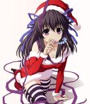  1girl absurdres air_(visual_novel) bare_shoulders black_hair blue_ribbon bow breasts cleavage crawling detached_sleeves dress finger_to_mouth fur_trim hair_bow hair_ribbon hat highres kneeling leaning_forward long_hair looking_at_viewer medium_breasts mouth_hold non-web_source party_horn pom_pom_(clothes) purple_eyes purple_ribbon red_dress ribbon santa_costume santa_dress santa_hat solo thighhighs toono_minagi white_background wotavinci zettai_ryouiki 