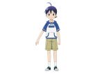  1boy black_eyes black_hair blue_hoodie brown_shorts full_body green_shoes hinata_fuyuki hood hoodie keroro_gunsou looking_at_viewer official_art shoes short_hair shorts simple_background socks solo standing white_background white_socks 