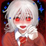  1boy :d blush brown_cardigan cardigan collared_shirt dress_shirt hands_up looking_at_viewer male_focus necktie open_mouth own_hands_clasped own_hands_together portrait red_eyes red_necktie rou_(h_s_sinrin) saihate_eki shirt smile solo sparkle tatsunami_shion white_hair white_shirt 