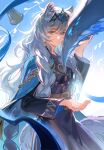  1girl absurdres animal_ear_fluff animal_ears arknights bell black_dress blue_background blue_cloak blue_shawl braid chinese_commentary cloak closed_mouth commentary_request crystal dress gradient_background grey_hair hair_between_eyes highres long_hair long_sleeves longyu object_floating_above_hand pramanix_(arknights) pramanix_the_prerita_(arknights) shawl snow_leopard_ears snow_leopard_girl tiara twin_braids very_long_hair 