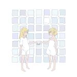  2girls alice_margatroid alternate_costume arm_at_side blonde_hair braid cube dress expressionless finger_touching flat_chest full_body hairband highres kirisame_marisa long_hair looking_ahead looking_at_another multiple_girls outstretched_arm pale_color short_hair shorts single_braid sleeveless sleeveless_dress spaghetti_strap standing sundress touhou uewtsol white_background white_dress white_shorts 
