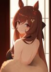  1girl absurdres alternate_costume animal_ears astra_chichi back bare_shoulders blush breasts brown_hair closed_mouth commentary_request ear_ornament from_behind gentildonna_(umamusume) hair_down hair_ornament highres horse_ears horse_girl large_breasts long_hair looking_at_viewer looking_back median_furrow red_eyes smile solo umamusume upper_body 