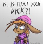  abstract_background ambiguous_gender anthro blue_eyes clothed clothing dark_skin ears_down english_text hair hat humor orange_hair reaction_image scarf sharyn_lekaye solo stare surprise text unknown_species winter_hat 