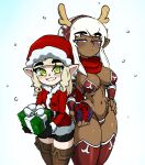  2girls antlers armor belt bikini bikini_armor black_gloves blonde_hair blush boots box braid breasts christmas cleavage closed_mouth dark-skinned_female dark_elf dark_elf_beastmaster dark_skin dragon's_crown elbow_gloves elf elf_(dragon's_crown) fake_antlers gift gift_box gloves green_eyes grin hairband hand_on_own_hip hat highleg highleg_bikini highres holding holding_gift horns jellot large_breasts long_hair long_sidelocks looking_at_viewer multiple_girls narrowed_eyes pointy_ears purple_eyes red_bikini red_hairband red_hat red_scarf reindeer_antlers santa_costume santa_hat scarf shorts sidelocks small_breasts smile snowing standing striped_blush swimsuit thigh_boots thighhighs thighs twin_braids white_background white_hair 