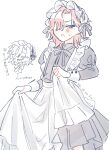  1boy apron apron_hold blue_eyes blush cowboy_shot crossdressing crossdressing_(mtf) frilled_apron frills highres hyoutenka_30-do_no_zetsubou juliet_sleeves long_sleeves maid male_maid mitsudomoe_koubou_(series) multiple_views pastel_colors puffy_sleeves simple_background sr_en_km tonimura_yui translation_request v-shaped_eyebrows victorian_maid white_apron white_background 