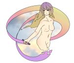  1girl ass black_eyes blonde_hair breasts closed_mouth cropped_legs expressionless facing_viewer floating_hair gradient_hair highres hijiri_byakuren holding holding_scroll light_frown long_hair medium_breasts multicolored_hair navel nipples nude purple_hair scroll sideways_glance sky solo touhou uewtsol white_background 