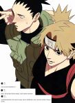  1boy 1girl blonde_hair couple flak_jacket forehead_protector highres jacket konohagakure_shinobi_uniform lgehyg nara_shikamaru naruto_(series) naruto_shippuuden ninja spiked_hair sunagakure_symbol temari_(naruto) 