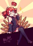  1girl ahoge bare_shoulders birthday black_dress black_sleeves black_thighhighs chanpotei crown dated detached_sleeves dress drill_hair full_body highres kasane_teto kasane_teto_(utau) one_eye_closed red_hair short_hair sitting smile solo sparkle thighhighs twin_drills two-tone_background utau 