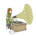  1girl bicycle black_shoes braid closed_eyes closed_mouth expressionless facing_ahead full_body green_hat green_pants green_shirt green_skirt green_vest hat hat_ornament highres hong_meiling long_hair pants phonograph puffy_short_sleeves puffy_sleeves red_hair shirt shoes short_sleeves simple_background skirt solo star_(symbol) star_hat_ornament stationary_bicycle touhou twin_braids uewtsol vest white_background 