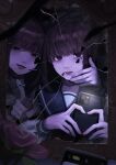  2girls absurdres black_eyes black_hair blurry blurry_foreground cellphone commentary_request crack flower highres holding holding_phone index_finger_raised looking_at_mirror mirror miyaji_illust multiple_girls original phone pink_flower smartphone 