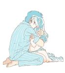  1boy 1girl absurdres animal_print arms_around_another's_back barefoot bikini blue_hair blue_pajamas blue_pants blue_shirt couple foot_out_of_frame full_body hetero highres horns hug kneeling long_hair lum midriff miyuki_(hoshikuzumiyuki) moroboshi_ataru navel pajamas pants pointy_ears print_bikini print_boots shirt short_hair sidelocks striped_bikini striped_clothes striped_footwear striped_pajamas striped_pants striped_shirt swimsuit tiger_print twitter_username urusei_yatsura white_background wide-eyed 