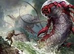  ambiguous_gender arthropod claws duo human macro magic_the_gathering male mammal marine monster official_art polearm sea size_difference spear svetlin_velinov tentacles water 