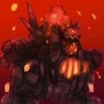  coalossal commentary_request dynamax embers ewokakukaede full_body gigantamax gigantamax_coalossal glowing_hot no_humans one-hour_drawing_challenge pokemon pokemon_(creature) pokemon_focus red_background solo standing 
