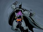  2boys absolute_batman absolute_dc back_spikes bat_mask batman batman_(absolute_dc) batman_(series) belt black_cape black_mask_(batman) bodysuit cape child dc_comics grey_bodysuit highres huevito547 multicolored_bodysuit multiple_boys scene_reference superhero_costume taut_bodysuit two-tone_bodysuit utility_belt 