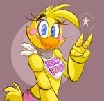  2014 4_fingers animatronic anthro avian beak bib bird blue_eyes brown_background chicken cute english_text female five_nights_at_freddy&#039;s five_nights_at_freddy&#039;s_2 fur looking_at_viewer machine mechanic mechanical plain_background robot smile solo star text thedoggygal toy_chica_(fnaf) v_sign watermark yellow_fur 