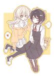  ... 2girls :d akinashi_haru animal_collar black_dress black_hair black_thighhighs blue_eyes bone_hair_ornament boots brown_boots cardigan center_frills collar collared_shirt dress dress_shirt frilled_shirt frills fully_genderswapped_group genderswap genderswap_(mtf) grey_pantyhose grey_skirt hair_bun hair_ornament half_updo hand_on_another's_shoulder heart highres holding_another's_leash jaggy_lines long_dress looking_at_viewer miniskirt multiple_girls neck_ribbon off-shoulder_cardigan orange_cardigan pantyhose pinafore_dress plaid_clothes plaid_skirt red_ribbon ribbon saihate_eki shirt shoes short_hair single_hair_bun sitting skirt sleeveless sleeveless_dress smile sneakers spoken_ellipsis spoken_heart stuffed_animal stuffed_toy tatsunami_shion teddy_bear thighhighs white_shirt yisu719871 