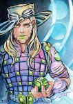  1boy arm_warmers ball beard belt belt_buckle blonde_hair bodysuit brown_hat buckle cape closed_mouth commentary cowboy_hat english_commentary facial_hair fingernails goggles goggles_on_headwear green_eyes green_lips grey_bodysuit gyro_zeppeli hat high_collar highres holding holding_ball holster jojo_no_kimyou_na_bouken long_hair male_focus painting_(medium) purple_arm_warmers purple_shirt shirt si3art solo steel_ball_(jojo) steel_ball_run studded_belt traditional_media upper_body watercolor_(medium) 