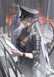  1girl 3boys arknights black_hat black_shirt bulletproof_vest clipboard commentary_request cowboy_shot dragon_girl dragon_horns dragon_tail faceless faceless_male grey_hair hair_between_eyes hat highres holding holding_clipboard horns indoors kuthi0510 long_hair looking_at_viewer multiple_boys official_alternate_costume orange_eyes peaked_cap police_hat prison prison_clothes prisoner profile railing saria_(arknights) saria_(the_law)_(arknights) shirt sleeves_rolled_up standing tactical_clothes tail 