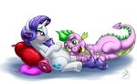  2014 blue_eyes blush cutie_mark dragon duo equine eyelashes eyeshadow fangs female feral friendship_is_magic fur green_eyes hair horn makeup male mammal my_little_pony older open_mouth pia-sama pillow pregnant purple_hair purple_scales rarity_(mlp) smile spike_(mlp) unicorn white_fur 