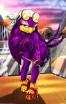  anthro areola avian bandanna beak big_breasts bikini bird blue_eyes bracelet breasts claws cleavage clothed clothing collaboration detailed_background eyewear female flame_pattern fur glasses half-closed_eyes high_heels huge_breasts jewelry nipples nude outside purple_body purple_nipples sandals sega shoes solo sonic_(series) sonic_riders spazkid standing swallow_(bird) swimsuit talons tattoo therealshadman video_games wave_the_swallow 