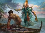  anthro bent_over boat clothed clothing duo fish half-dressed holding_weapon human landscape magic_the_gathering male mammal marine merfolk muscles official_art palm_tree partially_submerged sea stalking svetlin_velinov sword topless tree water weapon 