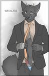  2014 anthro canine clothing fur hair horn looking_at_viewer male mammal necktie orgasm partially_clothed penis pinup plain_background poking_out pose skaylez smile smug solo suit tuxedo underwear undressing wolf yago 