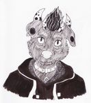  anthro black_and_white black_fur bust_portrait clothing collar feline front_view fur hoodie horn ket male mammal monochrome pen_(artwork) piercing solo traditional_media_(artwork) wintersonata 