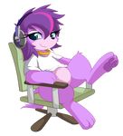  alpha_channel avoid_posting blue_eyes bottomless canine chair clothed clothing conditional_dnp cute dog female fur hair half-dressed headphones littlest_pet_shop mammal necklace office_chair plain_background purple_fur purple_hair raised_leg shirt sitting smile smitty_g solo transparent_background zoe_trent 