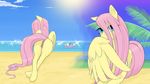  ambiguous_gender anus arareroll beach butt cloud equine female feral fluttershy_(mlp) friendship_is_magic fur hair hi_res lagomorph long_hair mammal my_little_pony outside pegasus pink_hair pussy rabbit rear_view seaside sky wings yellow_fur 