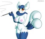  anthro areola atherol breasts cat cigarette cigarette_holder english_text feline female mammal meowstic navel nintendo nipples plain_background pok&eacute;mon pussy red_eyes smoking solo standing text video_games yellow_sclera 