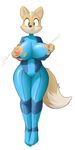  2014 absurd_res anthro big_breasts black_nose breasts canine clothed clothing crossgender derpah female fox fox_mccloud green_eyes hi_res huge_breasts lactating looking_at_viewer mammal milk nintendo nipples plain_background smile solo standing star_fox video_games white_background wide_hips zero_suit zero_suit_fox 