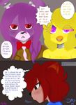  animatronic anthro avian beak bird blonde_hair bonnie_(fnaf) bow_tie brown_eyes brown_shirt chica_(fnaf) chicken color comic discordmelody dress female five_nights_at_freddy&#039;s freckles fur group hair jasmine_ivory lagomorph machine male mammal mechanical purple_eyes purple_hair rabbit red_eyes red_hair robot rodent squirrel 