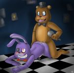  anal anal_penetration animatronic anthro bareback blue_eyes bonnie_(fnaf) bow_tie brown_fur chica_(fnaf) cum cum_inside cumshot duo five_nights_at_freddy&#039;s freddy_(fnaf) fur gay happy hat machine male mechanical microphone orgasm penetration penis pink_eyes purple_fur robot saliva sex skyoshi top_hat 