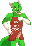  anthro apron balls black_nose canine clothing english_text erection fangs fcsimba fur green_fur hair humanoid_penis humor licking male mammal masculine one_eye_closed open_mouth penis plain_background pose smile solo standing teeth text tongue tongue_out vein white_background white_fur wink wolf yellow_eyes 