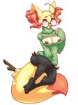  2014 alpha_channel anthro big_breasts blush braixen breasts canine clothed clothing cute eyewear female fox fur glasses inner_ear_fluff keyhole_turtleneck mammal nintendo nipples plain_background pok&eacute;mon ponidraws red_eyes solo stick sweater transparent_background video_games yellow_fur 