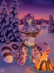  anthro beckoning blue_eyes blue_nose campfire clothed clothing feline female fire fur korriban leopard loincloth mammal pink_fur purple_fur smile snow snow_leopard solo sunset winter wyla 