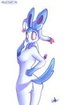  anthro areola atherol blue_nipples bow breasts butt eeveelution english_text female fur looking_at_viewer nintendo nipples pink_eyes plain_background pok&eacute;mon pussy ribbons shiny_pok&eacute;mon smile solo standing sylveon text video_games white_fur 
