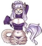  anthro big_breasts breasts cleavage clothed clothing eyes_closed fangs feline female keyhole_turtleneck mammal midriff panties skimpy smile solo sweater tongue underwear xenthyl 