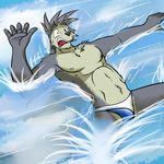  2014 anthro beach bulge canine clothing dog fur fuze grey_fur husky kemono kouya_aotsuki male mammal morenatsu nipples outside prank seaside shocked solo speedo surprise swim swimsuit tuft water yellow_eyes 