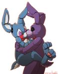  2014 animatronic anthro blue_fur bonnie_(fnaf) bow_tie duo eyes_closed five_nights_at_freddy&#039;s five_nights_at_freddy&#039;s_2 fur gay kissing lagomorph leg_wrap looking_at_viewer machine male mammal mechanical paws purple_fur rabbit red_cheeks robot toy_bonnie_(fnaf) white_fur xnirox 