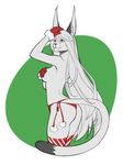  anthro big_ears big_tail christmas clothed clothing covering covering_breasts covering_self eyeshadow fangs feline female gloves hair half-dressed holidays legwear long_hair makeup mammal panties sabertooth simple_background snow_(snowier) solo spearfrost stockings teeth topless underwear white_eyes white_hair 
