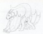  2014 anus backsack balls caltroplay collar digitigrade erection feral half-closed_eyes horn leash looking_at_viewer male monochrome nazurah penis raised_tail scalie seductive sketch smile solo spots standing submissive thick_tail traditional_media wings 