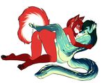  2014 all_fours anthro black_hair breasts canine chimera clitoris duo eura feline female fox fur green_fur hair hug hybrid leopard lesbian lying mammal nora nude on_back pussy rae raised_tail red_fox red_fur red_hair reptile roscoe scalie side_boob snake 