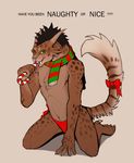  ambiguous_gender anthro bow_tie candy_cane charr christmas clothed clothing feline green_eyes guild_wars half-dressed holidays kneeling looking_at_viewer mammal masculine oral_fixation panties scarf seductive side-tie_panties slash0x solid_background solo topless underwear video_games 