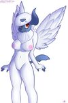  absol anthro areola atherol breasts english_text female fur hair mega_absol mega_evolution navel nintendo nipples pink_nipples plain_background pok&eacute;mon pussy red_eyes smile solo standing text tuft video_games white_fur white_hair 