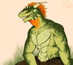  2014 anthro argonian clothed clothing digital_media_(artwork) grass green_scales hair half-dressed horn_ring male nostalgia-phantom open_mouth orange_hair pants scalie sharp_teeth sitting solo spikes teeth the_elder_scrolls topless video_games 