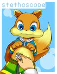  conker duo exam human looking_down male mammal rodent shirt_up squirrel stethoscope 